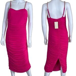 Cache Womens Size S Pink Ruched Bodycon Jeweled Midi NEW Dress Sexy Barbie Party